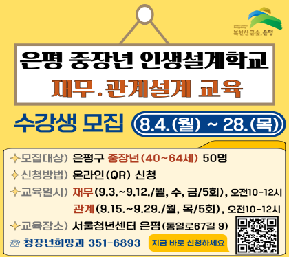 은평 중장년 인생설계학교
 ‘재무, 관계설계’ 교육 
수강생모집 8.4.월~28.목
모집대상 은평구 중장년 40~64세 50명
신청방법 온라인(QR)신청
교육일시 재무 9.3.~9.12. 월,숙,금 5회 오전 10~12시
관계 9.15.~9.29. 월, 목 5회 오전 10~12시
교육장소 서울청년센터 은평 통일로67길 9
청장년희망과 351-6893